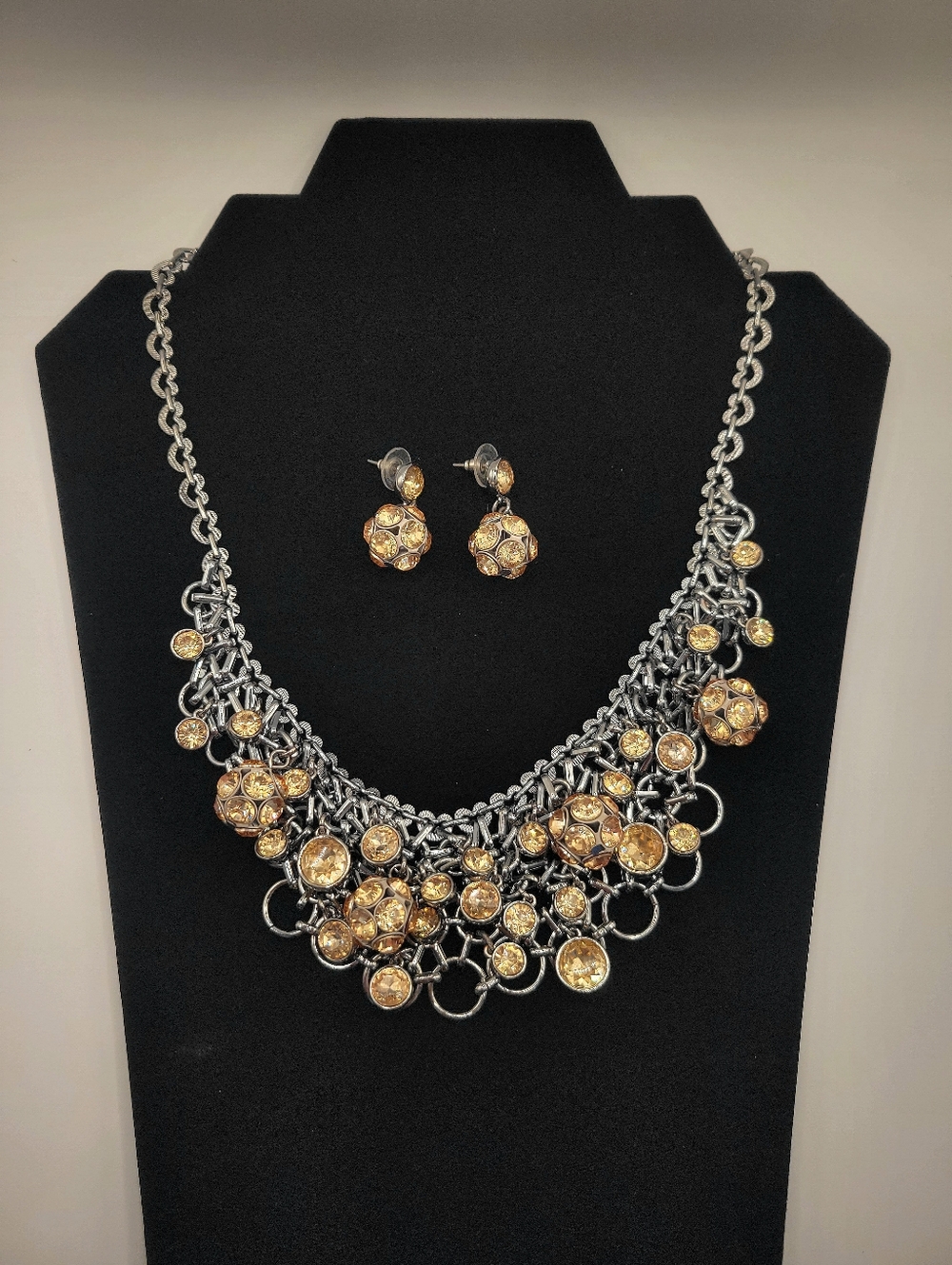 Talbots Champagne Crystal Bib Statement Necklace & Earring Set